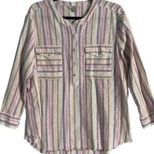 Hester & Orchard Striped Linen Blend Button Top Women Large Boho Fringe Hem